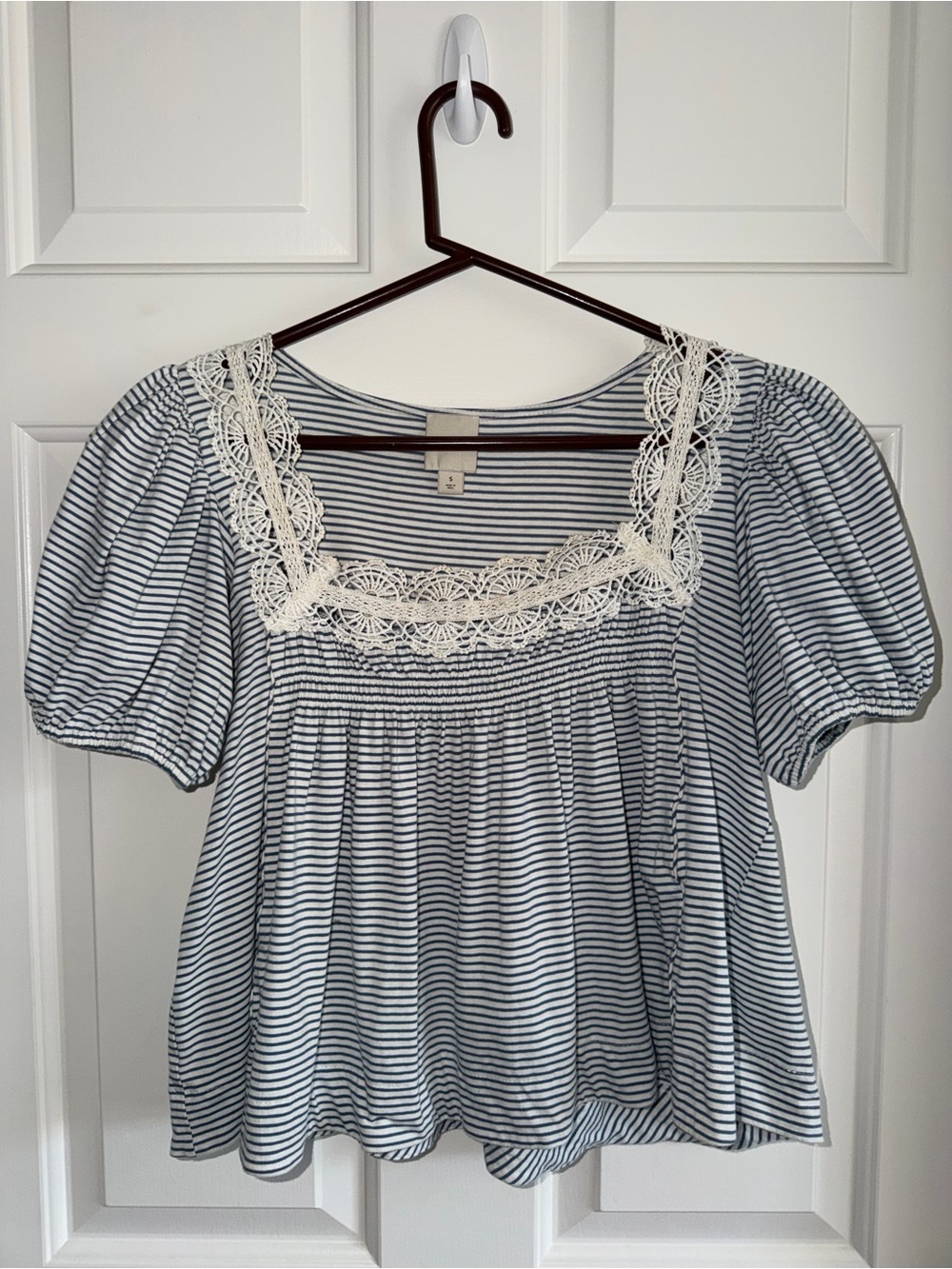 Maeve Striped Lace-Trim Puff Sleeve Top - Blue & White